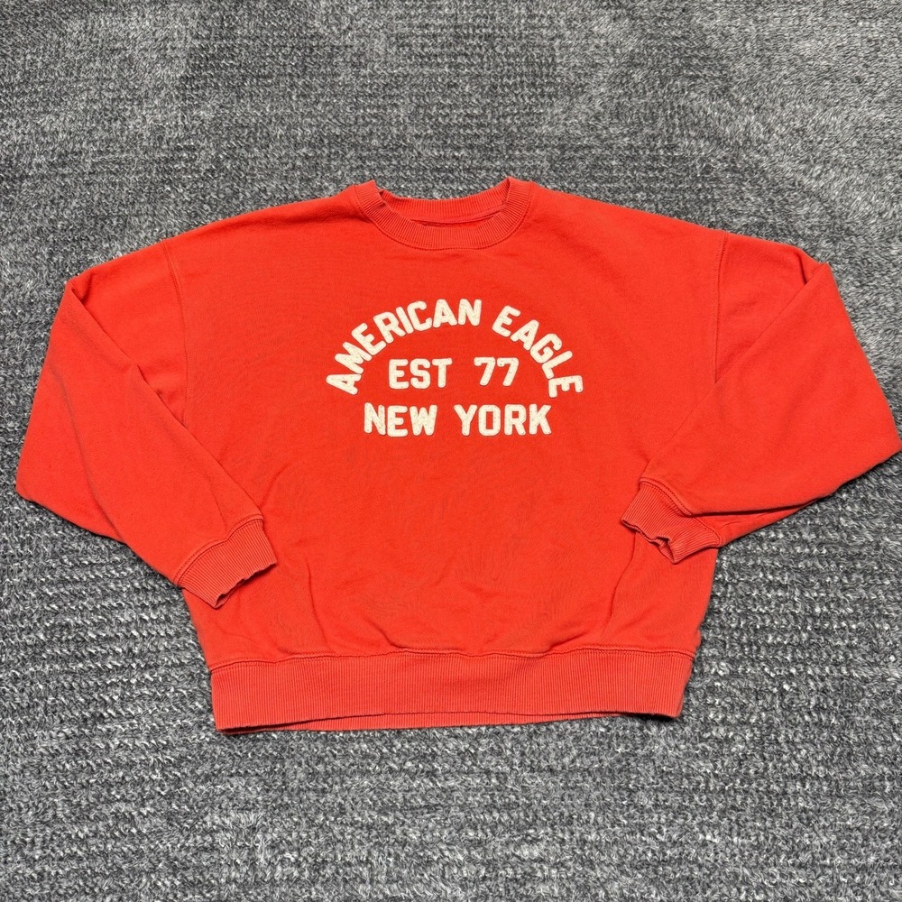 American Eagle Womens Sweatshirt Pullover S Red Orange Graphic‎ Logo Crewneck